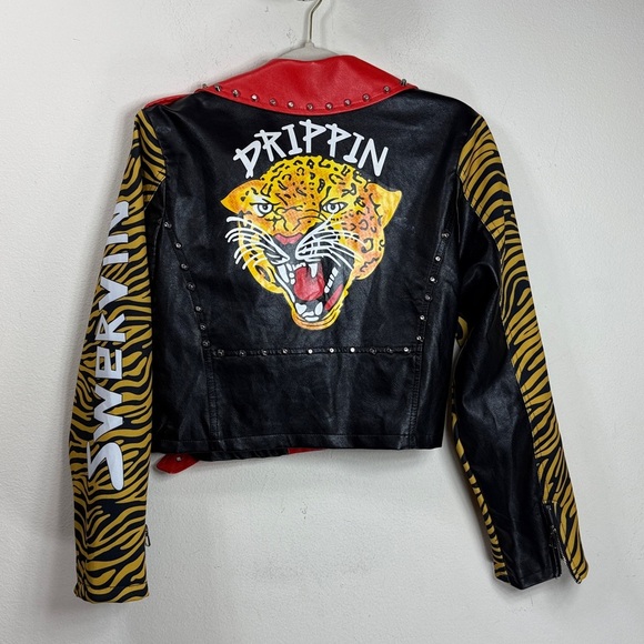 (T2) Vintage Y2K Punk Rock Crop Biker Jacket, Size M,80s Style, with Studs - Picture 6 of 16